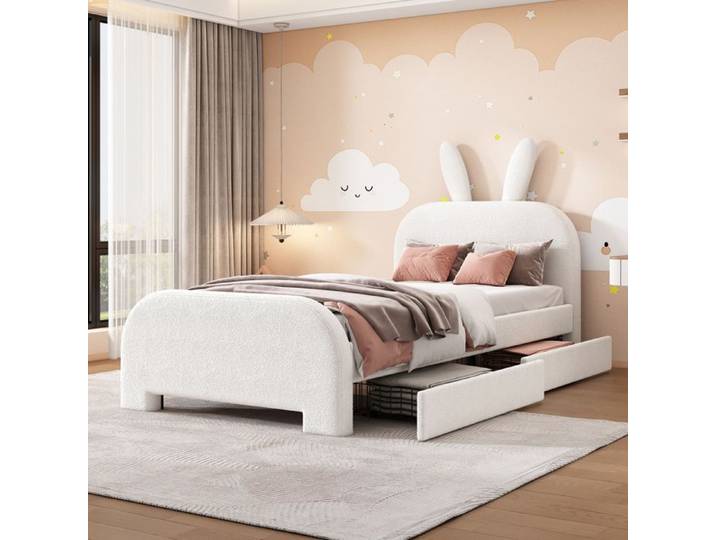 VUENOR Lit enfant 90x200 cm blanc – forme lapin 2 tiroirs