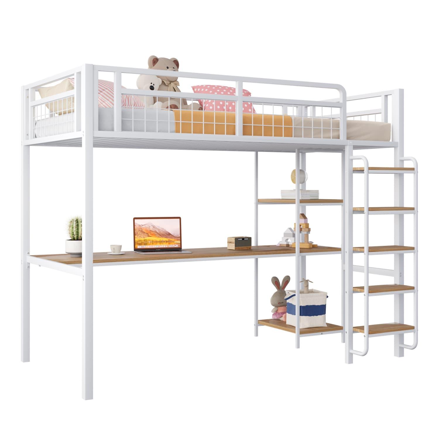 Metall-Hochbett, 90*200 cm, Sicherheitsleiter mit Treppenstufen, Einzelbett, Kinderbett mit Tisch und Regalen, Metallgitter-Sicherheitszaun, weiss