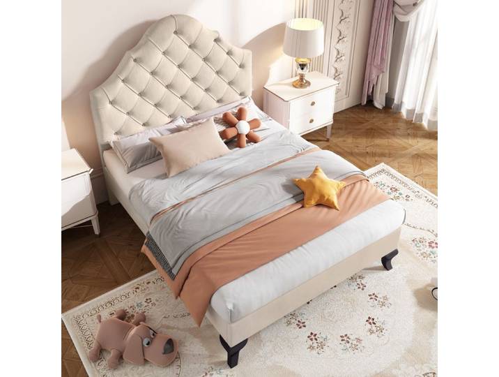 Lit simple rembourré - MERAX - Cadre de Lit Rembourré Beige - 90x200 cm - Tête de lit réglable - Velours beige
