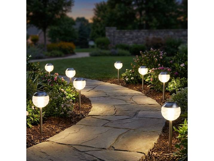 8er-Set LED-Kugelleuchte mit Erdspiess, Edelstahl