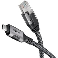 Ethernet-Kabel USB-C 3.2 Gen2 Stecker > RJ-45 Stecker, LAN-Adapter schwarz/silber, 2 Meter, geflochtener Textilmantel