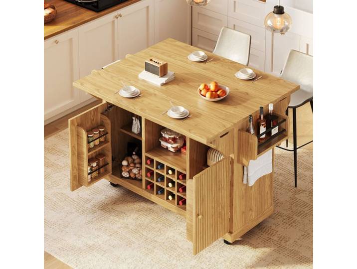 ULEVR Chariot de cuisine mobile extensible avec rangement casier à bouteilles MDF et métal bois naturel
