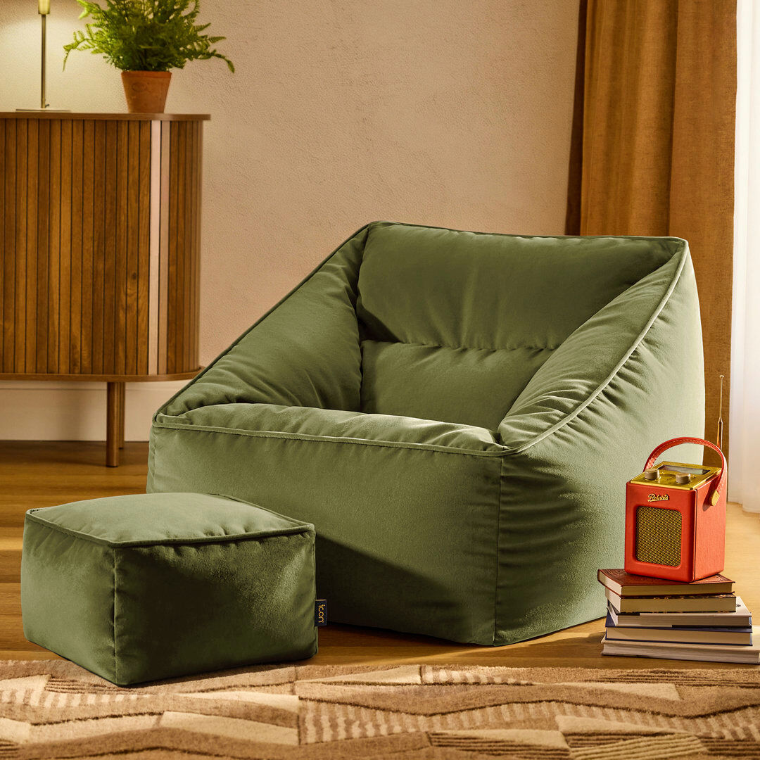 icon Natalia Velvet Adults Bean Bag Armchair and Pouffe, Ready Filled Large Beanbag and Footstool Forest Green Olive Green Large