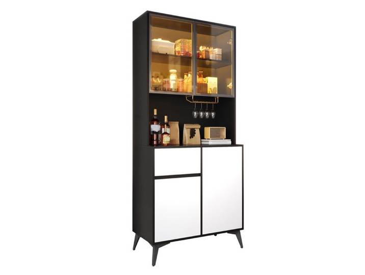 Vitrine haute noir et blanc MDF avec portes vitrées et éclairage LED intégré buffet multifonction grand rangement 80x40x180 cm