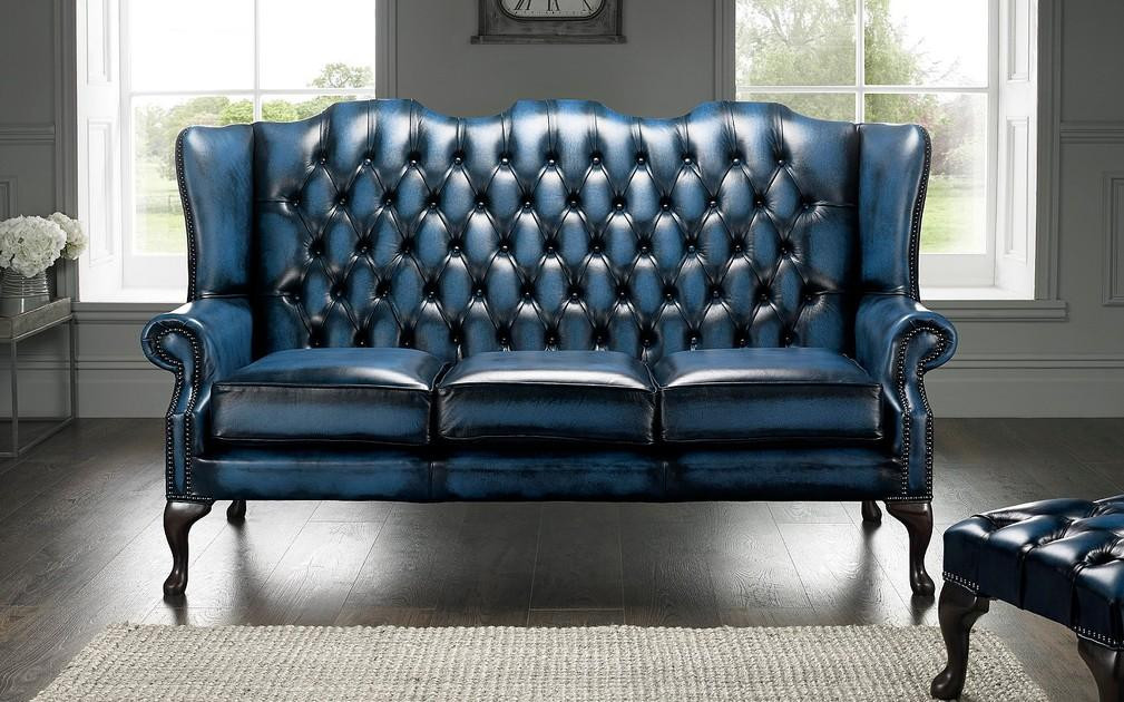 Chesterfield 3-zits ledersofa in het blauw