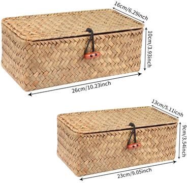 Inspired Finds Handmade Seagrass Storage Basket With Lid Natural Rattan Woven Organizer For Home, Makeup & Accessories s l 2pcs