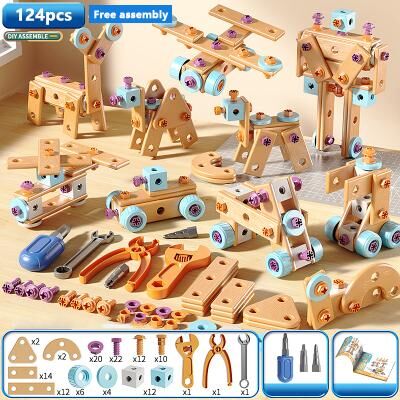Modern Mode Marketplace Early Educational DIY Nut Hand Puzzle Toy For Boys Shape Insert Blocks Simulated Screwing Toolbox Assembly 124pcs