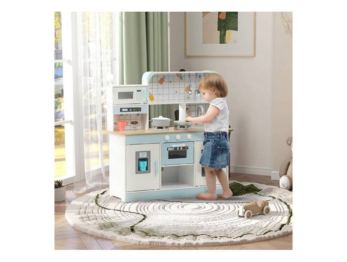 AIYAPLAY Spielküche Kinderküche mit Lichtern, Geräuschen, Küchenzubehör MDF, Edelstahl, für 3+ Jahre Kinder, Weiß