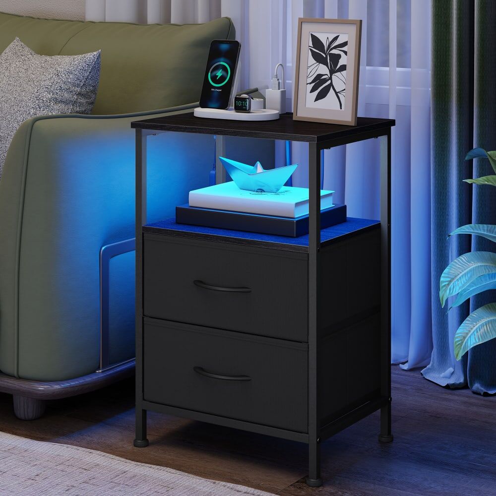 SONGMICS Table de chevet avec lumières et prises 39.6 x 30 x 60.4 cm noir Noir 40x60x30cm