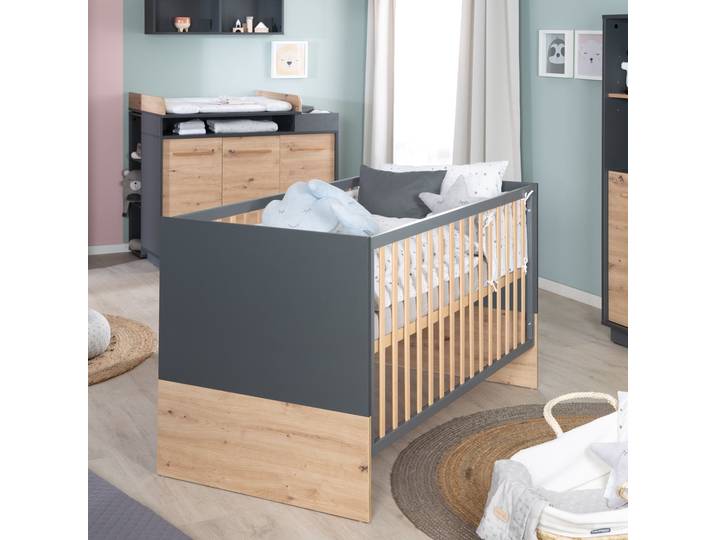 Möbelset 'Lenn' - Kombi-Kinderbett 70x140 + Wickelkommode - Anthrazit - Dekor 'Artisan Eiche'