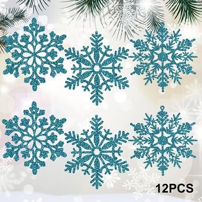 Lush Living Finds Pulp Plastics Paper Snowflake Ornaments, White Glitter Raw Decor, Christmas Venue Decoration blue 12pcs