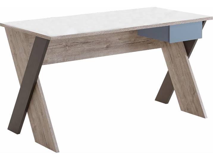 Schreibtisch FMD Nona 6 , braun (sandeichefarben, weiß), B:135cm H:76,5cm T:67,5cm, Tische, Schreibtisch