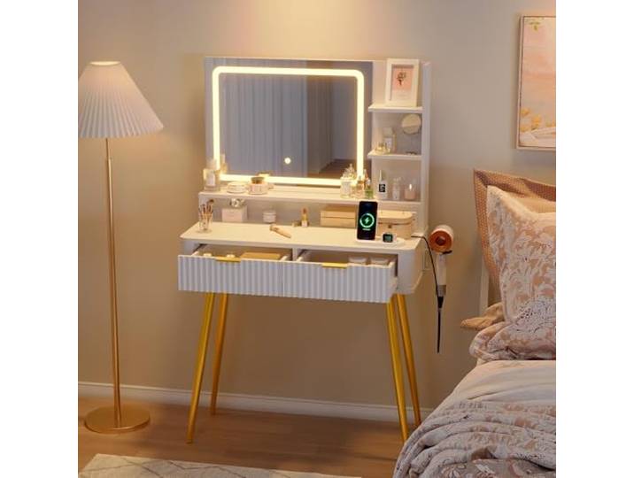 GarveeMore LED Schminktisch mit Spiegel – 3 Lichtmodi, integrierte Steckdose – 2 Schubladen, 3 offene Ablagen – kompakte Schminkkommode aus Holz für Schlafzimmer – inklusive Beleuchtung