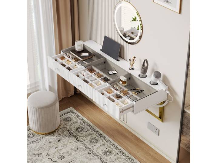 MEUBLIV Coiffeuse murale suspendue 120 x 40 x 45 cm 3 tiroirs plateau en verre support tablette blanc