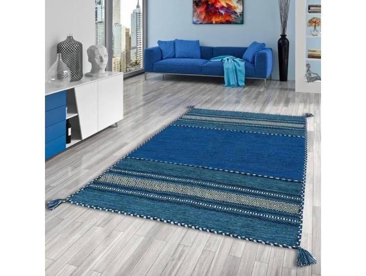 Tapis kilim - PERGAMON - Navarro - Naturel - Bleu - 140x200 cm