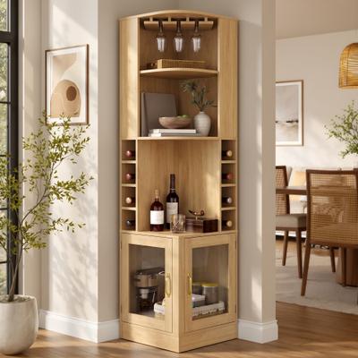 Kodotan sofa "70"" Corner Bar Cabinet with Glass Doors and Wooden Wine Glass Holder, Tall Corner Wine Cabinet Storage with Open Shelves"