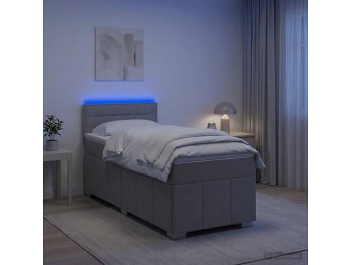 Boxspringbett mit Matratze Hellgrau 100 x 200 cm Mehrfarbige LED-Lichter, verstellbares Kopfteil, Taschenfedern, weiße Topper, waschbare Bezüge, technisches Holz