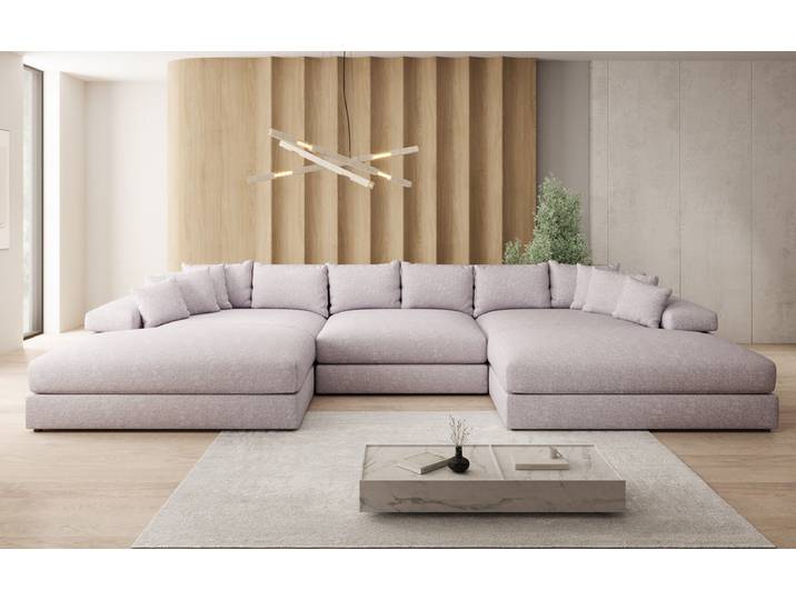 Designer Sofa Bernardo U mit breiter Ottomane in Strukturstoff - Taupe - Strukturstoff - Luxusbetten24