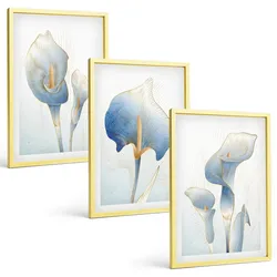 BILDER SET 3er Set - 40x60 cm Goldrahmen - Blaue Blumen im Hintergrund