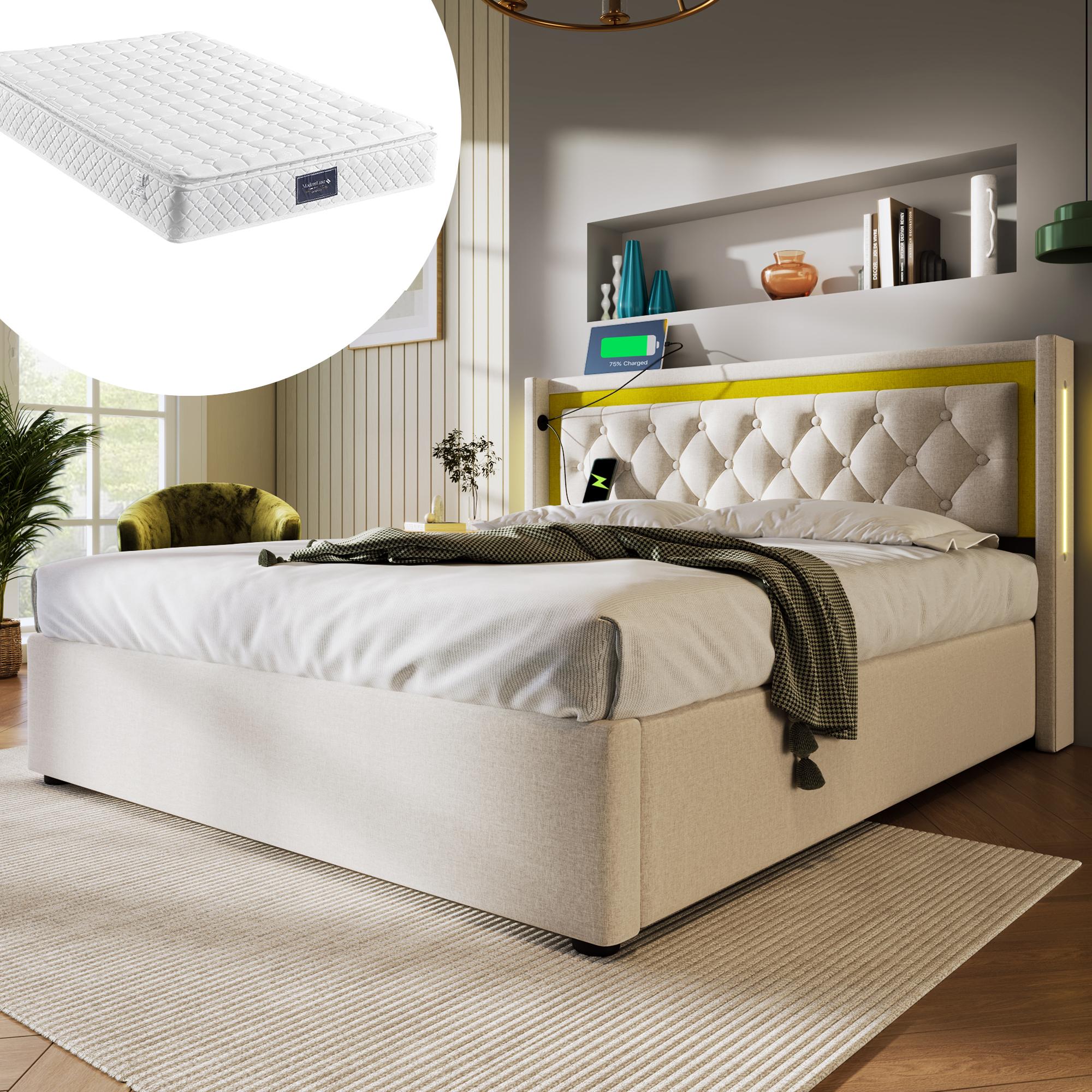 Polsterbett LED Doppelbett Stauraum Bettkasten mit USB Typ C Ladefunktion Kopfteil