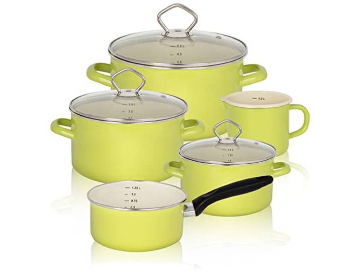 Krüger Emaille-Set Juist 5 teilig - Emaille-Topfset aus Fleischtopf, Stieltopf und Milchtopf - Töpfe mit Vollkontaktboden & Glasdeckel - geeignet für alle Herdarten (Set Juist - pastellgrün)