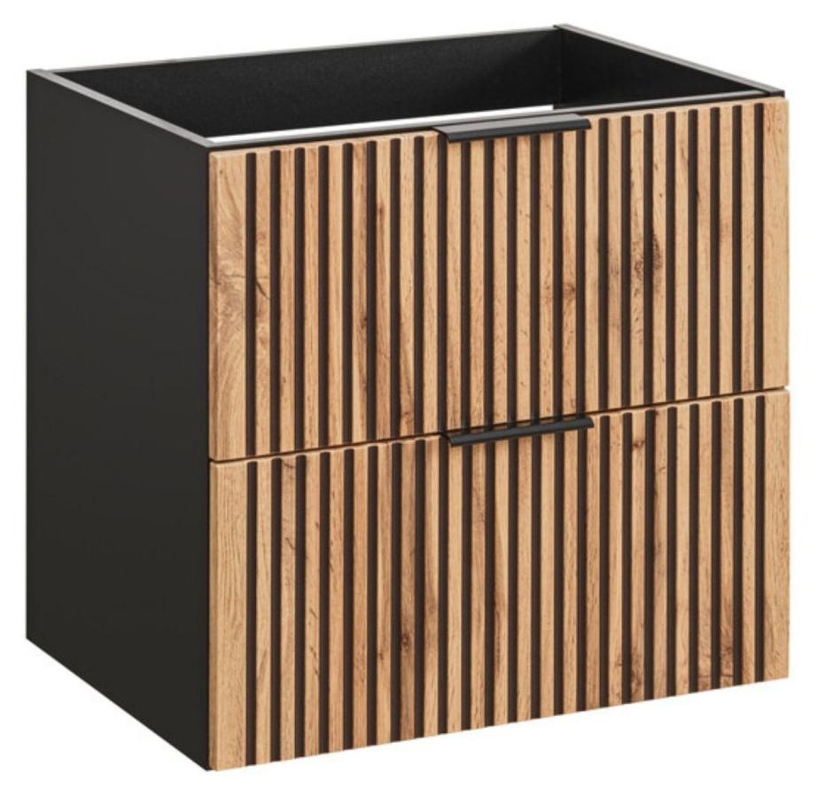 Möbelunterschrank KINOKO - 2 Schubladen - Ausführung in Naturholzlamellen und Schwarz - B60 × T46 × H57 cm - Zum Aufhängen