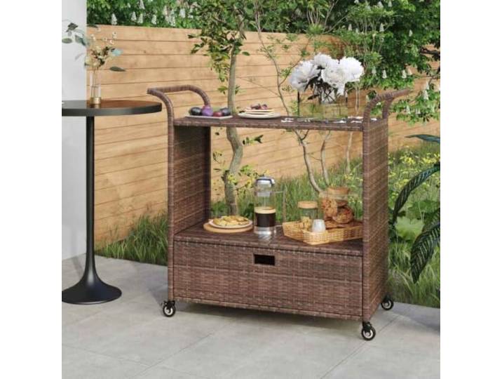 smnyxs Barwagen mit Schublade, Braun, 100 x 45 x 97 cm, Polyratten Rollen mit Verriegelung, Griff oben, Polyrattan, pulverbeschichteter Stahl, für den täglichen Gebrauch