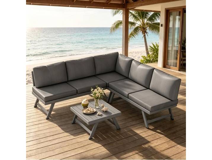 COVREO Salon bas de jardin d'angle 5 places gris avec table basse et coussins