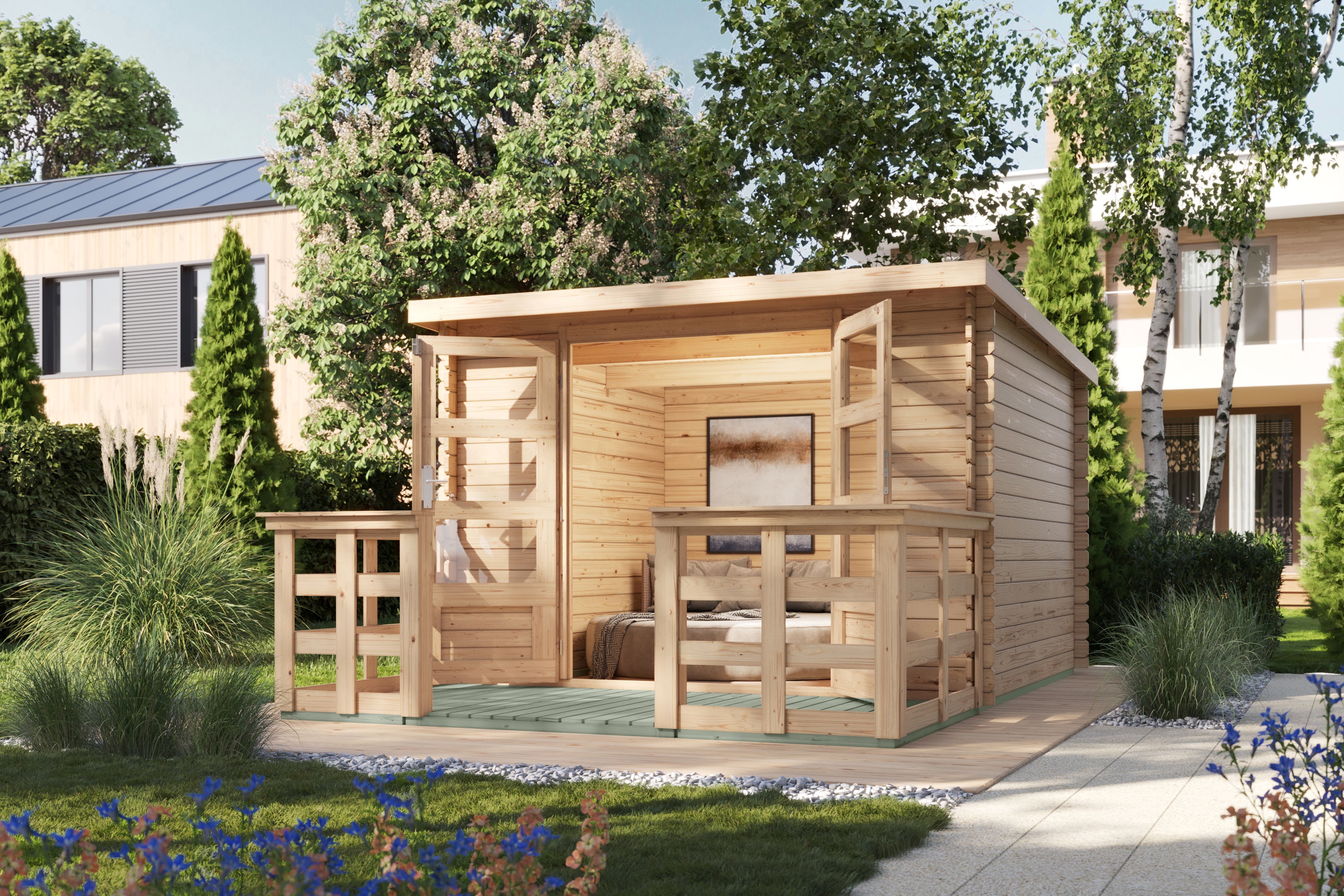 Gartenhaus KARIBU "Remus" SET naturbelassen mit Terrasse", beige (naturbelassen), ohne Fußboden, ohne Dacheindeckung, Massivholz, Gartenhäuser, Gartenhaus, Gartenhaus aus hochwertiger nordischer Fichte