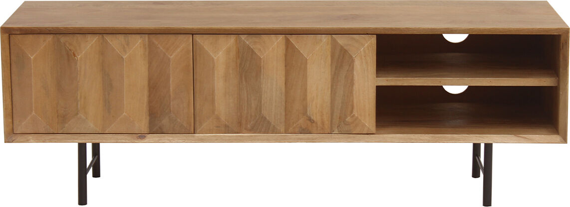 Miliboo TV-Möbel aus hellem massivem Mangoholz mit Relief und schwarzem Metall B120 cm AGRA