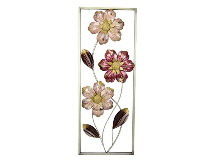 Flair Flower Wanddeko Metall Wandskulptur Blumen Blätter Metallbild Blume Bild 3D Skulptur Einzigartig Deko Terrassendeko Wandrelief Abstrakt Extravagant Geschenk Designer Blüten, Rosa, ca.74x28 cm