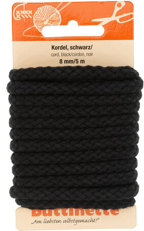 buttinette Baumwoll-Kordel für Bekleidung, schwarz, 8 mm Ø, Länge: 5 m