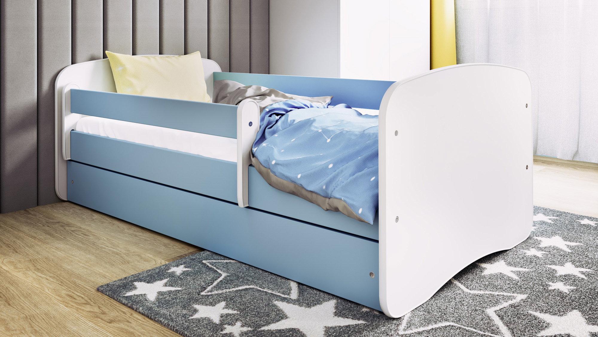 Kinderbett Blau 70x140 80x160 80x180 cm - mit Matratze, Rausfallschutz und Schublade - Jugendbett für Jungen - Stabil und Sicher - Blau - 160x80 cm