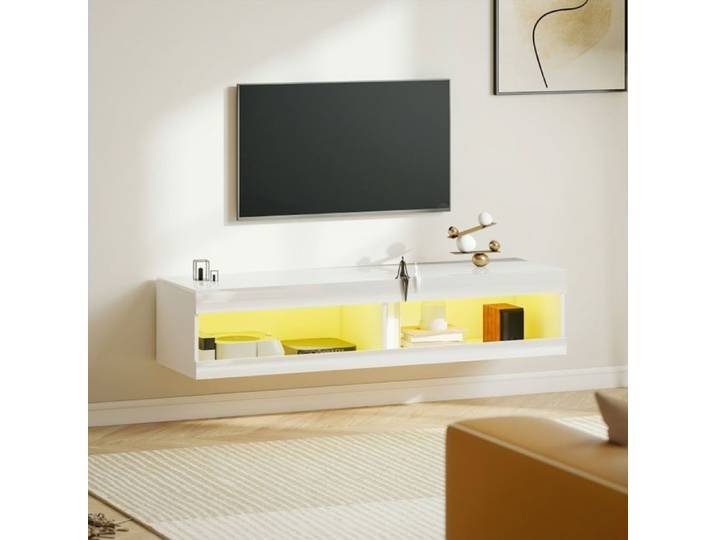 Meuble TV mural - SOGEU - Meuble TV mural 140x40x30 - Blanc laqué - LED RGB 16 couleurs - 2 étagères