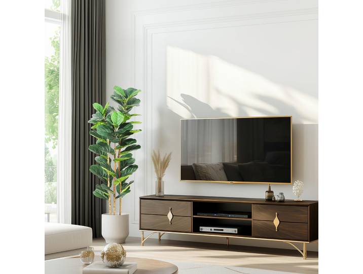 Ficus lyrata artificiel 150/180 cm, faux ficus avec tronc en bois et pot blanc, plante artificielle en pot pour la décoration intérieure