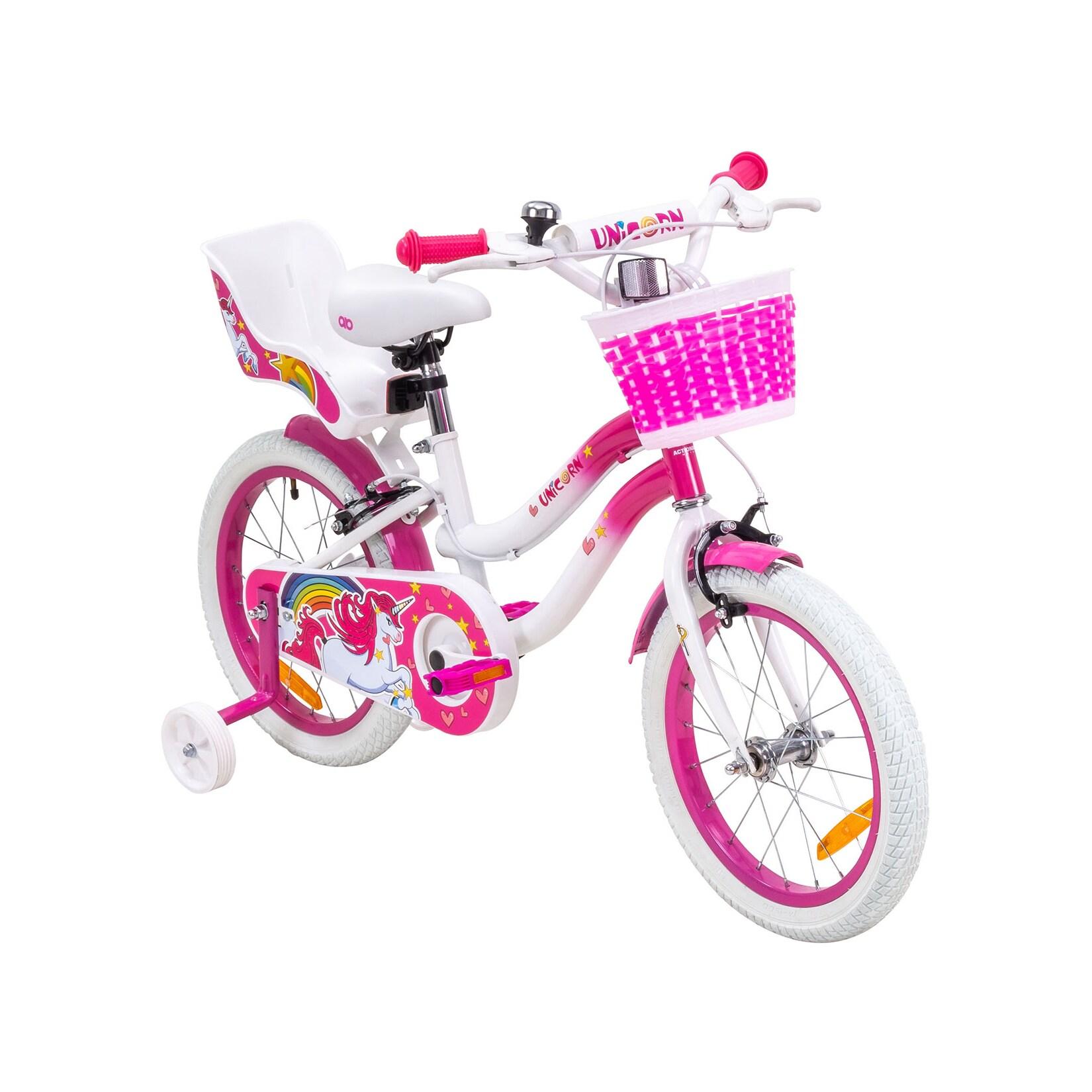 Actionbikes Kinderfahrrad Unicorn 16 Zoll, Pink, Einhorn-Design, Puppensitz, Stützräder, Fahrradkorb