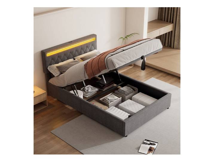REDOM Polsterbett Funktionsbett, Umgebungslicht am Doppelbett, 24-Tasten-Fernbedienung (Bett kann angehoben und abgesenkt werden, USB- und Typ-C-Steckdose am Bett, großer Stauraum, 140x200 cm), ohne Matratze