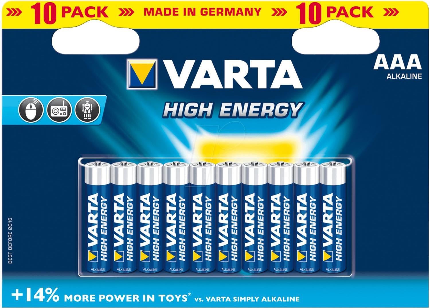 Varta High Energy AAA Alkaline Wegwerpbatterijen, 1,5 V, 10 stuks