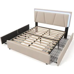 OKWISH Polsterbett Holz/Leinen Beige 160x200 cm mit LED-Beleuchtung, 4 Schubladen und höhenverstellbarem Kopfteil