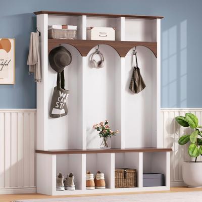 Lirago Hall Tree with Storage Bench Coat Rack Hooks for Entryway Mudroom Hallway with Five Hooks Seven Cubbies Farmhouse Style