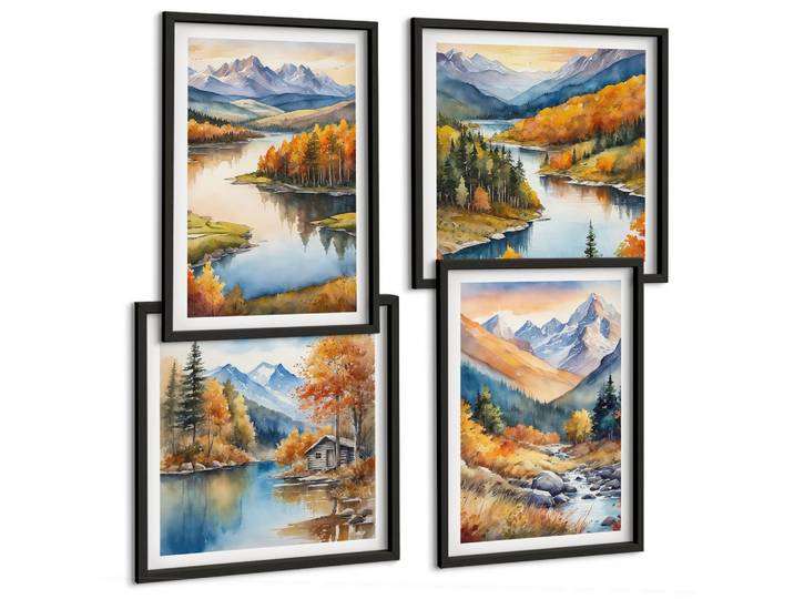 BILDER SET 4er Set - 50x50 cm & 40x60 cm Schwarzer Rahmen - Bergblick, Fluss, Herbst