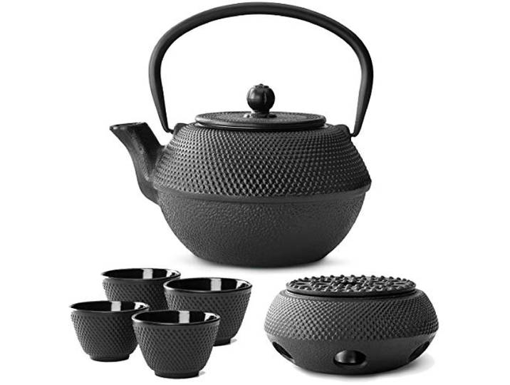 Bredemeijer Teekanne asiatisch Gusseisen Set schwarz 1.1 Liter mit Henkel & Edelstahl Tee-Filter Sieb-Einsatz für losen Tee & Stövchen & Teebecher (4 Tassen)
