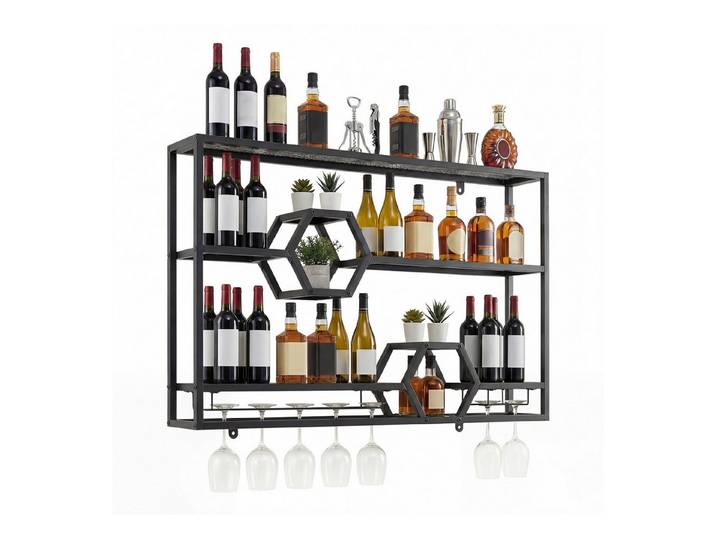 COSTWAY Weinregal Wand Metall Flaschenregal mit Glashalter, 120x20x77cm