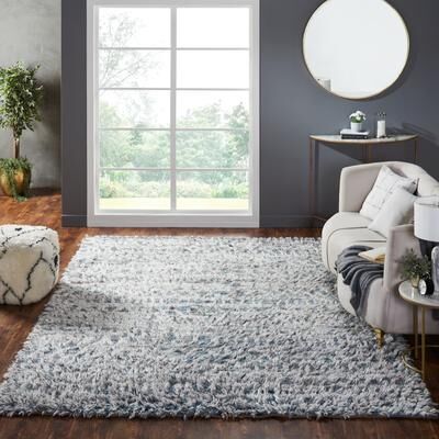 KALATY Abstract Tribal Shag Blue/Grey Area Rug