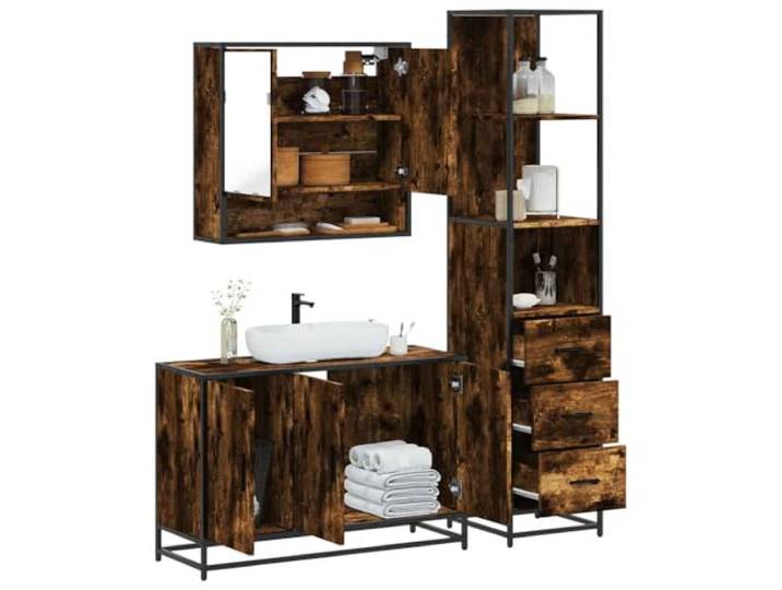 HWKQEQRF 3-TLG. Badmöbel-Set Räuchereiche Holzwerkstoff Metallgestell,Spiegelschrank zur Wandmontage,Waschbeckenunterschrank mit Öffnung,Lowboard,Stauraum