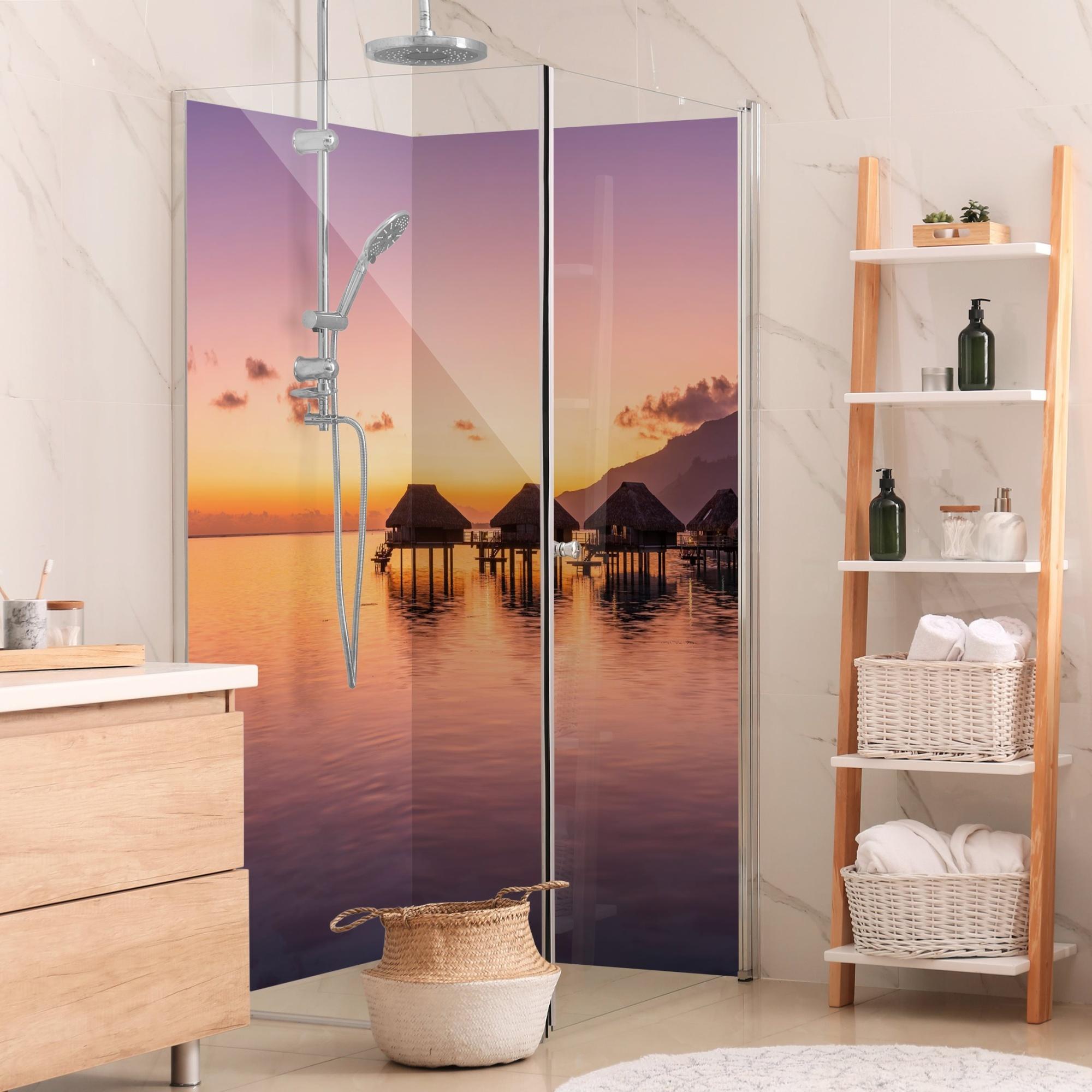Duschrückwand Strand selbstklebend - 0.61 mm Wandpaneel wasserfest Sonnenuntergang orange Motiv Badrückwand fugenlos Premium matt 110x200 cm