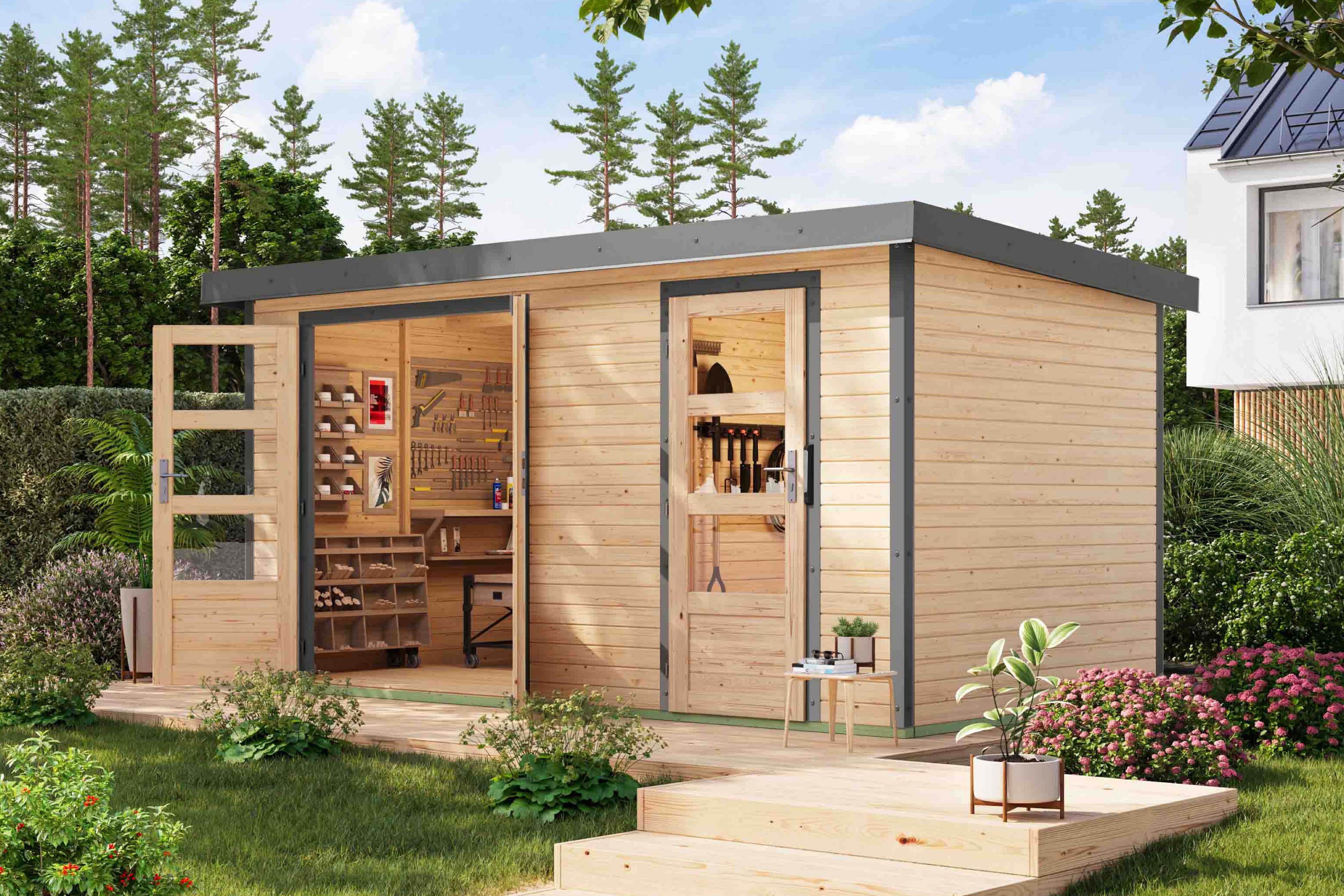 Gartenhaus KARIBU "Merkurino, in verschiedenen Farben", braun (naturbelassen, graualuminium), ohne Fußboden, Blechdach, Massivholz, Gartenhäuser, Gartenhaus