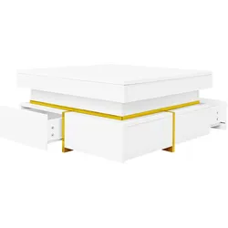Couchtisch 70x70x35 mit Hochglanz-Finish und goldenen Akzenten Zwei Schubladen für Stauraum, elegantes Design, hochwertige Materialien