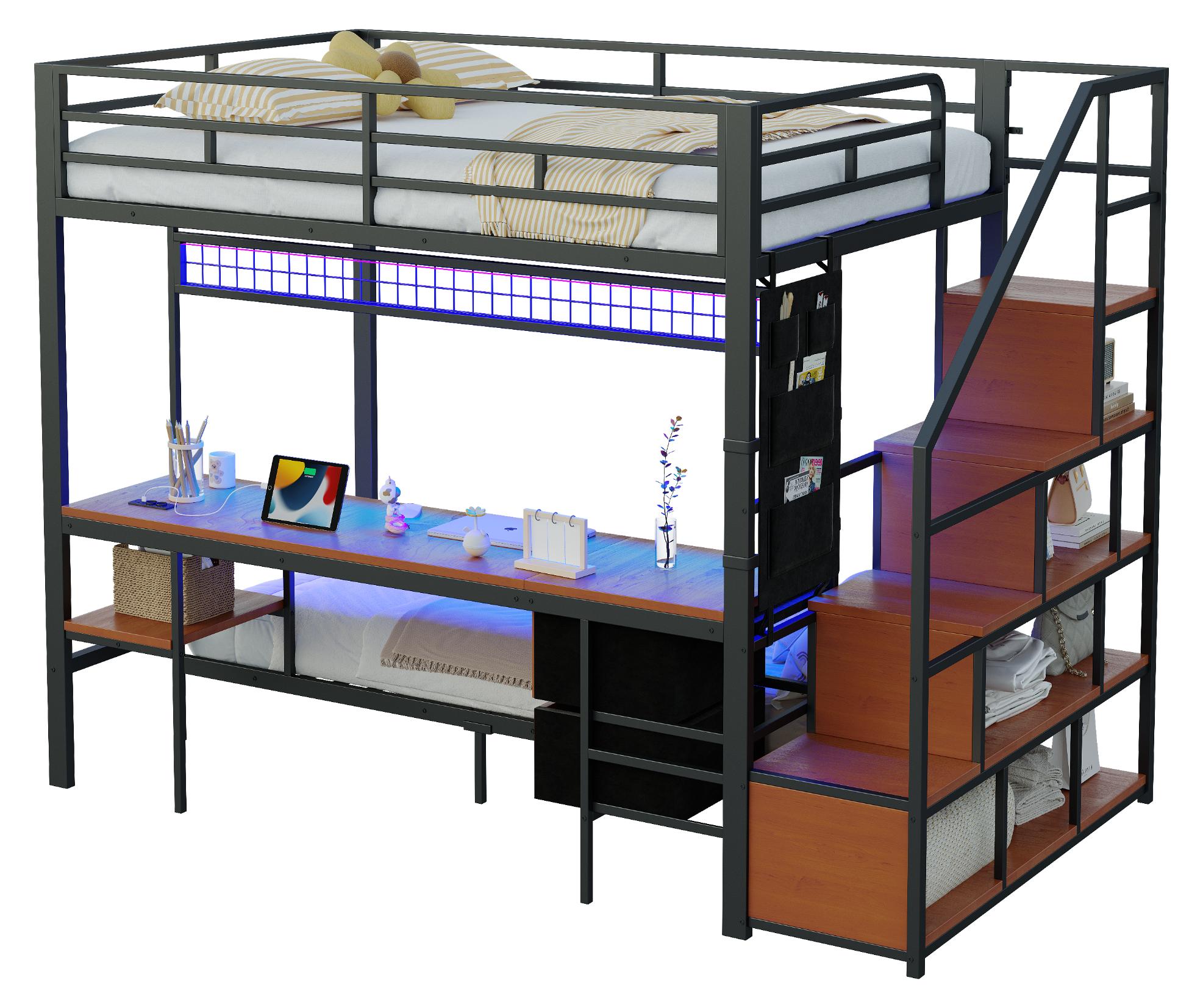 Metall-Hochbett mit Schreibtisch - 140 x 200 cm - LED-Beleuchtung - Steckdosen - Offener Stauraum mit Stoffschubladen - Schwarz