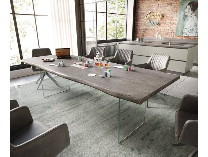 Esstisch Edge 260x100 Akazie Platin Glas Live-Edge, Esstische, Baumkantenmöbel, Massivholzmöbel, Massivholz